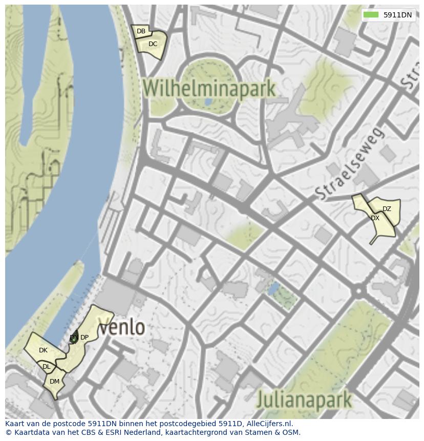 Afbeelding van het postcodegebied 5911 DN op de kaart.