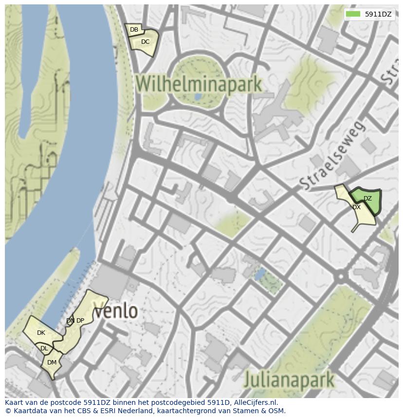 Afbeelding van het postcodegebied 5911 DZ op de kaart.
