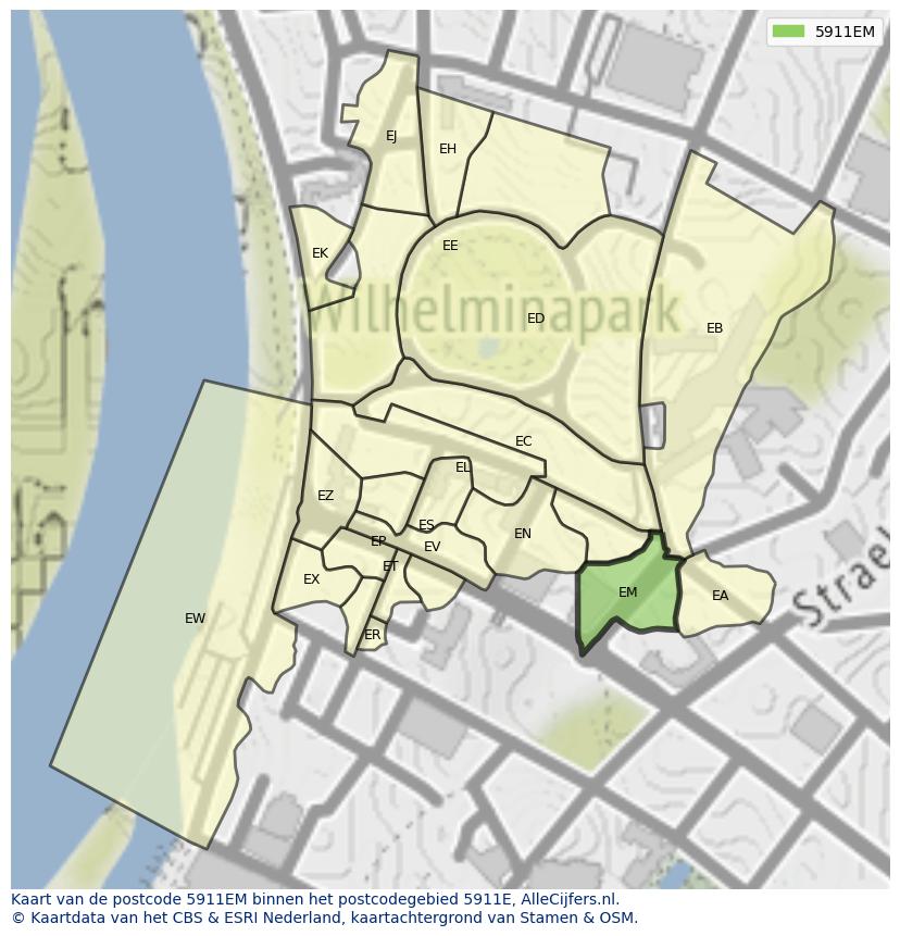 Afbeelding van het postcodegebied 5911 EM op de kaart.