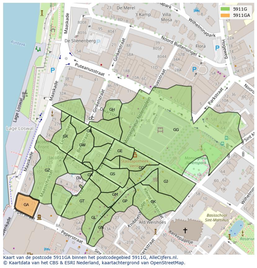 Afbeelding van het postcodegebied 5911 GA op de kaart.