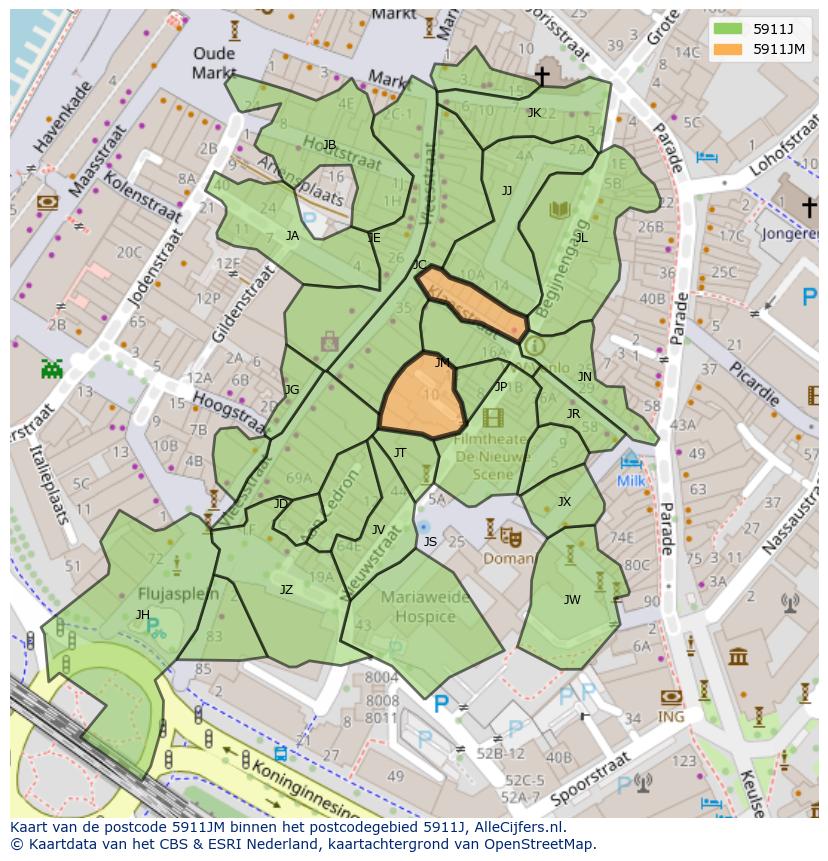 Afbeelding van het postcodegebied 5911 JM op de kaart.