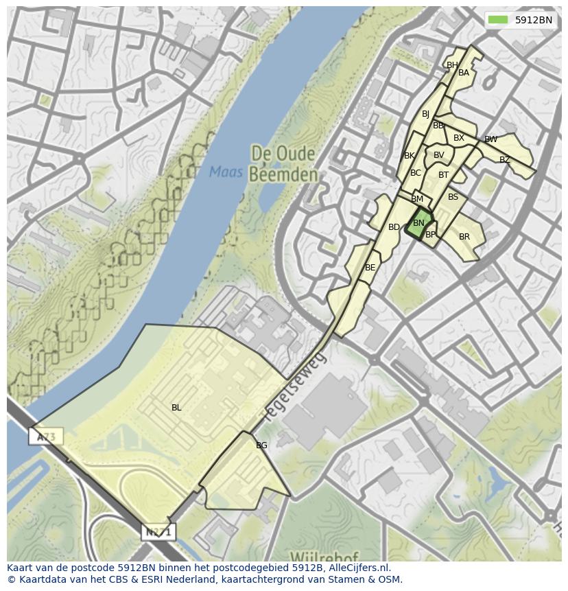 Afbeelding van het postcodegebied 5912 BN op de kaart.