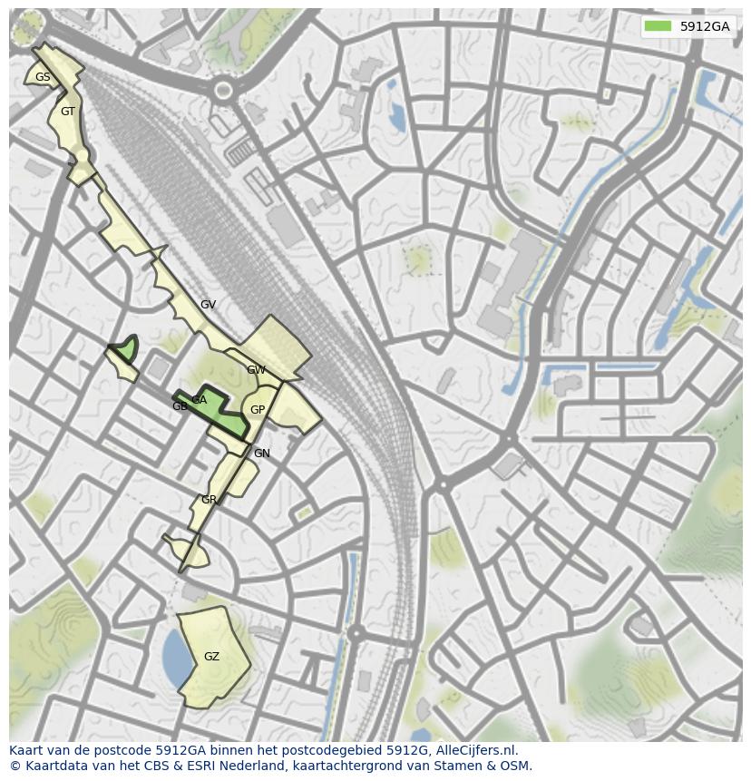 Afbeelding van het postcodegebied 5912 GA op de kaart.