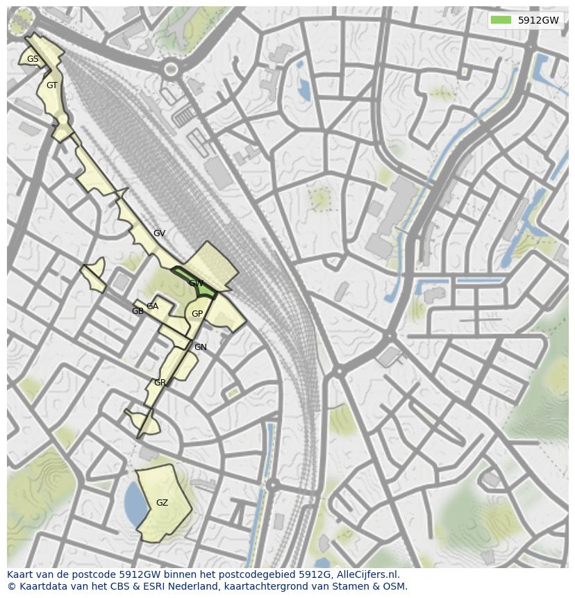 Afbeelding van het postcodegebied 5912 GW op de kaart.
