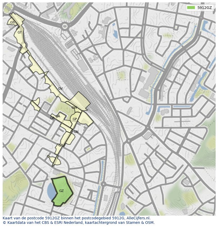 Afbeelding van het postcodegebied 5912 GZ op de kaart.