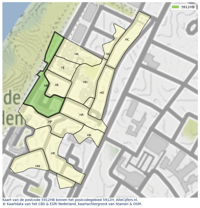 Afbeelding van het postcodegebied 5912 HB op de kaart.