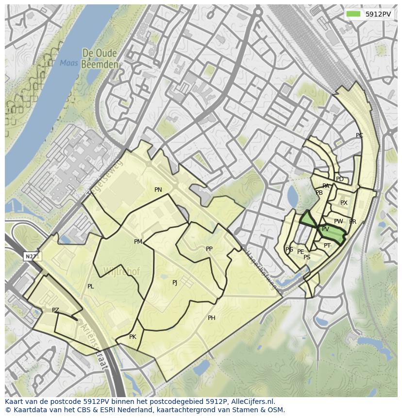 Afbeelding van het postcodegebied 5912 PV op de kaart.