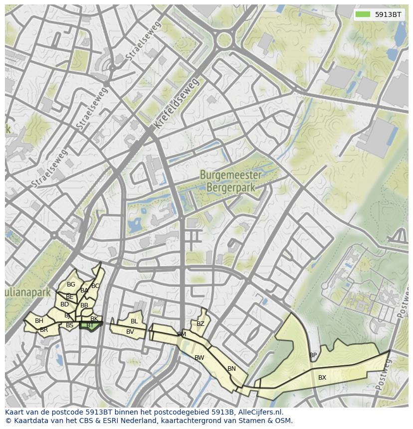 Afbeelding van het postcodegebied 5913 BT op de kaart.
