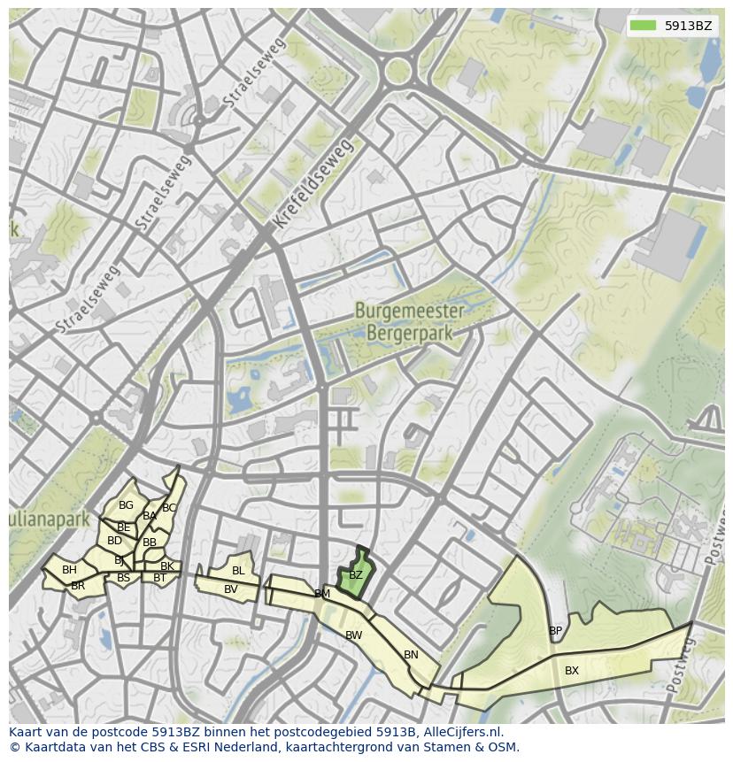 Afbeelding van het postcodegebied 5913 BZ op de kaart.