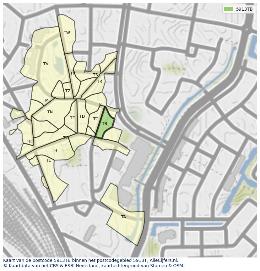 Afbeelding van het postcodegebied 5913 TB op de kaart.