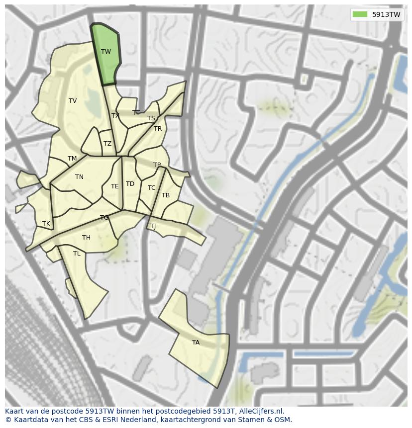 Afbeelding van het postcodegebied 5913 TW op de kaart.