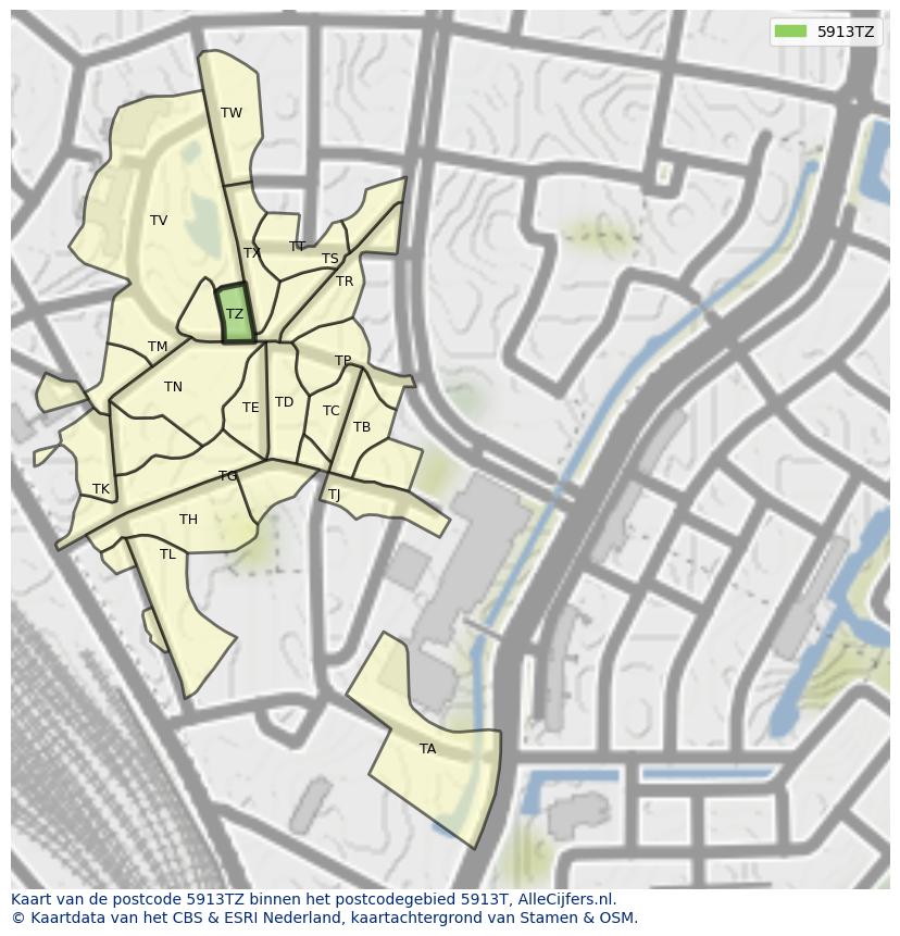 Afbeelding van het postcodegebied 5913 TZ op de kaart.