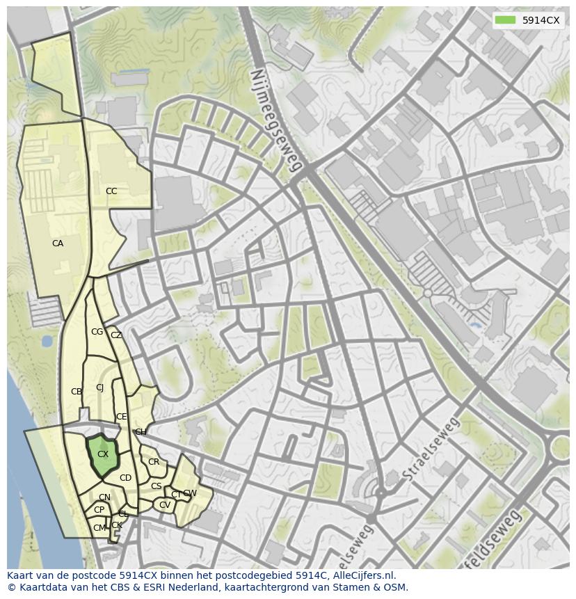Afbeelding van het postcodegebied 5914 CX op de kaart.