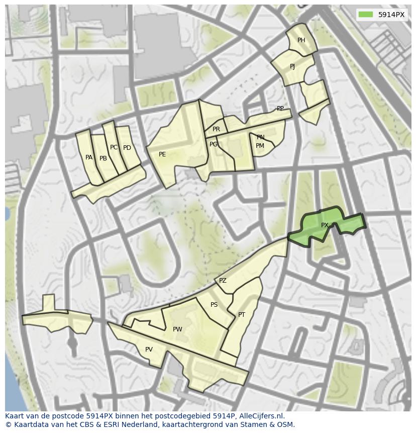 Afbeelding van het postcodegebied 5914 PX op de kaart.