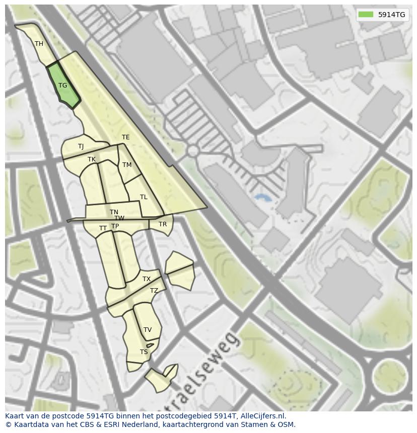 Afbeelding van het postcodegebied 5914 TG op de kaart.