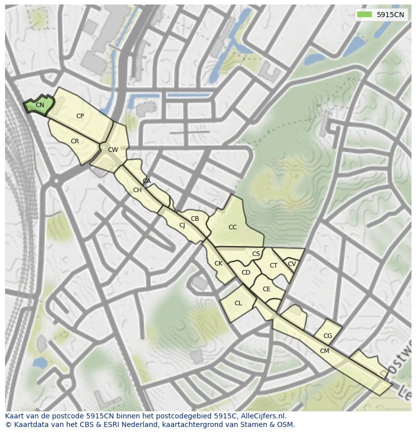 Afbeelding van het postcodegebied 5915 CN op de kaart.