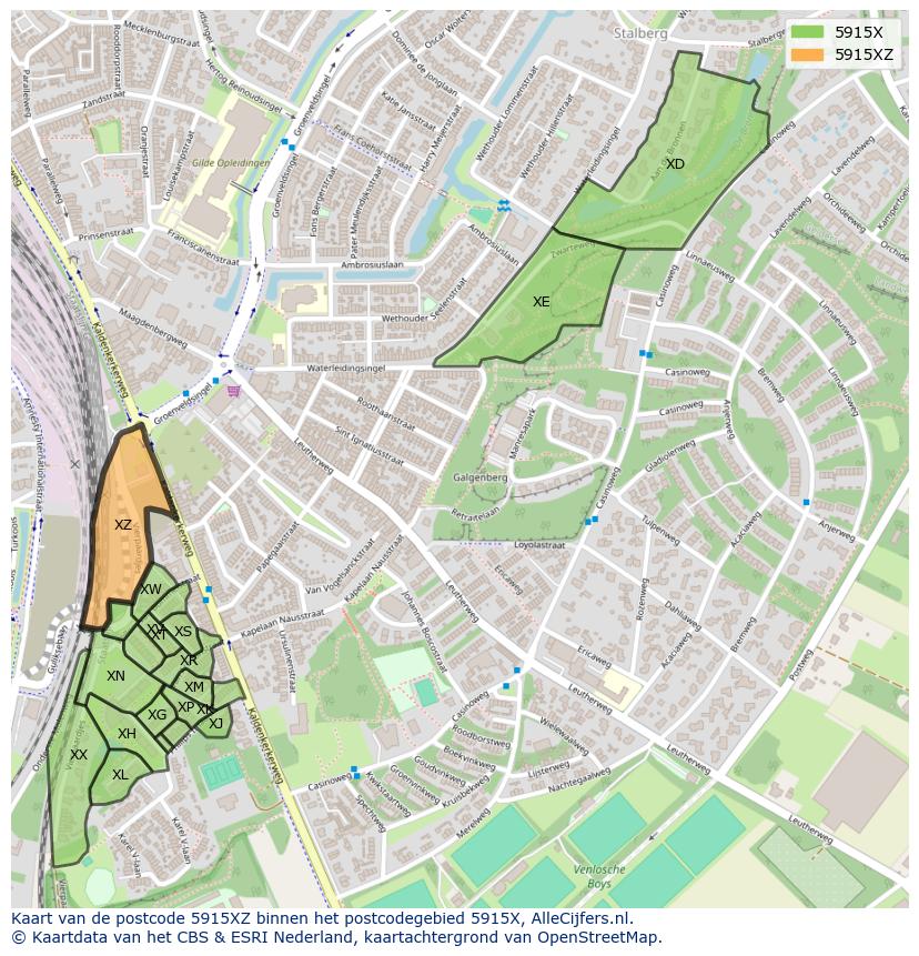 Afbeelding van het postcodegebied 5915 XZ op de kaart.