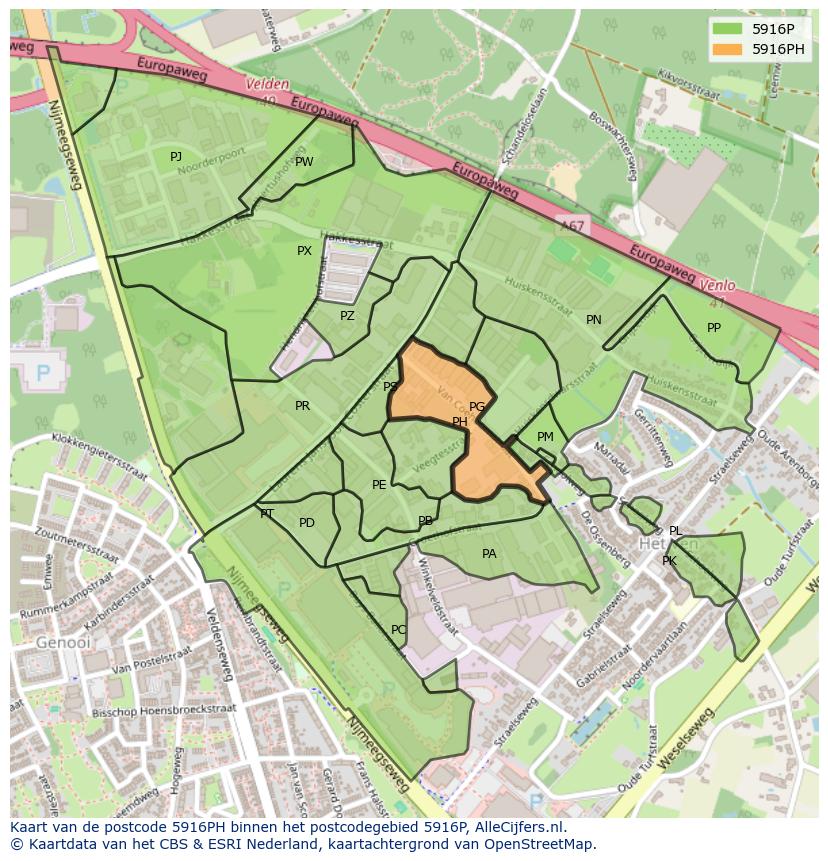Afbeelding van het postcodegebied 5916 PH op de kaart.