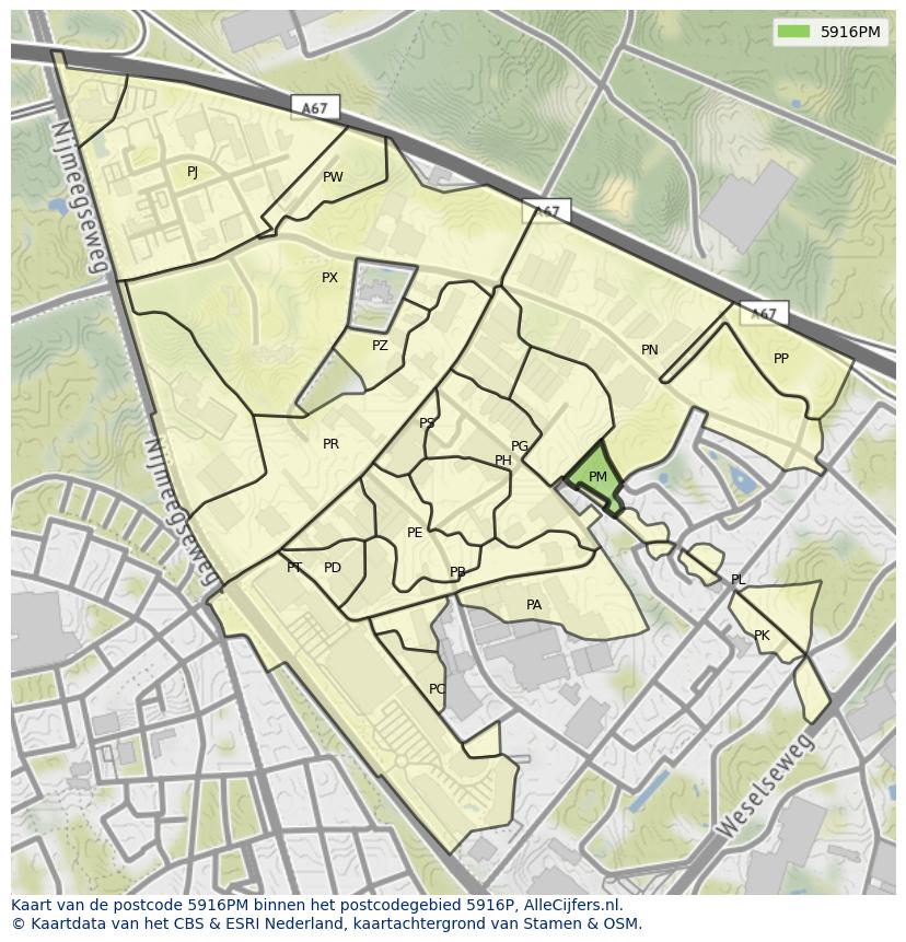 Afbeelding van het postcodegebied 5916 PM op de kaart.