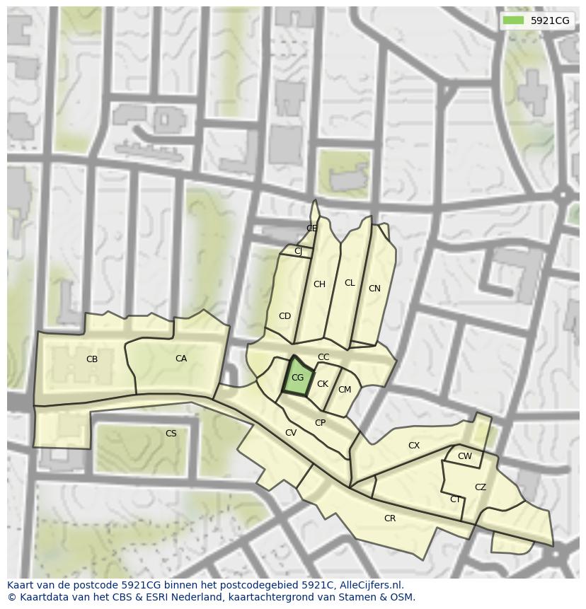 Afbeelding van het postcodegebied 5921 CG op de kaart.