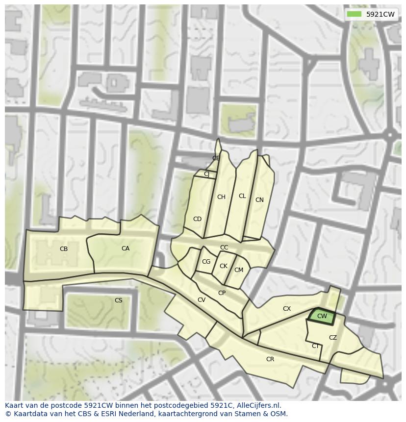 Afbeelding van het postcodegebied 5921 CW op de kaart.