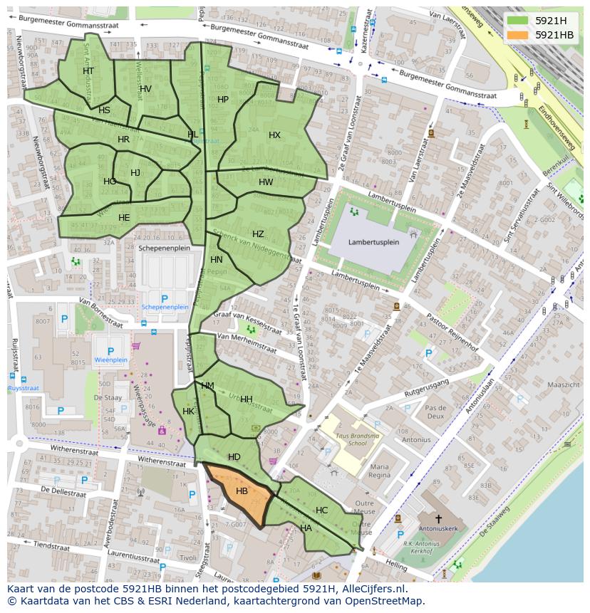 Afbeelding van het postcodegebied 5921 HB op de kaart.