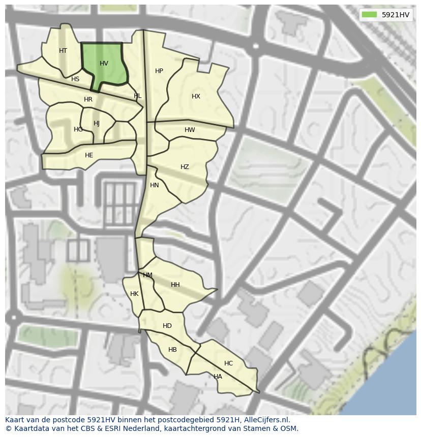 Afbeelding van het postcodegebied 5921 HV op de kaart.