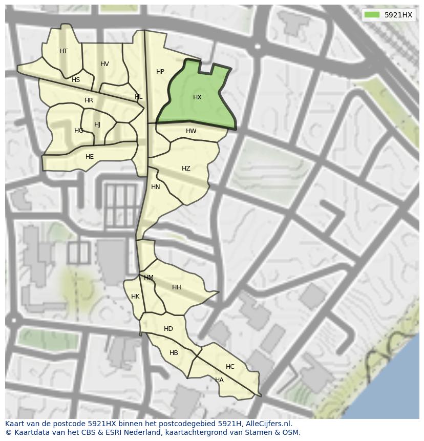 Afbeelding van het postcodegebied 5921 HX op de kaart.