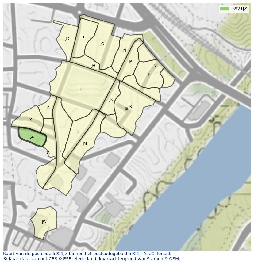 Afbeelding van het postcodegebied 5921 JZ op de kaart.