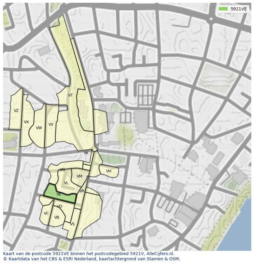 Afbeelding van het postcodegebied 5921 VE op de kaart.