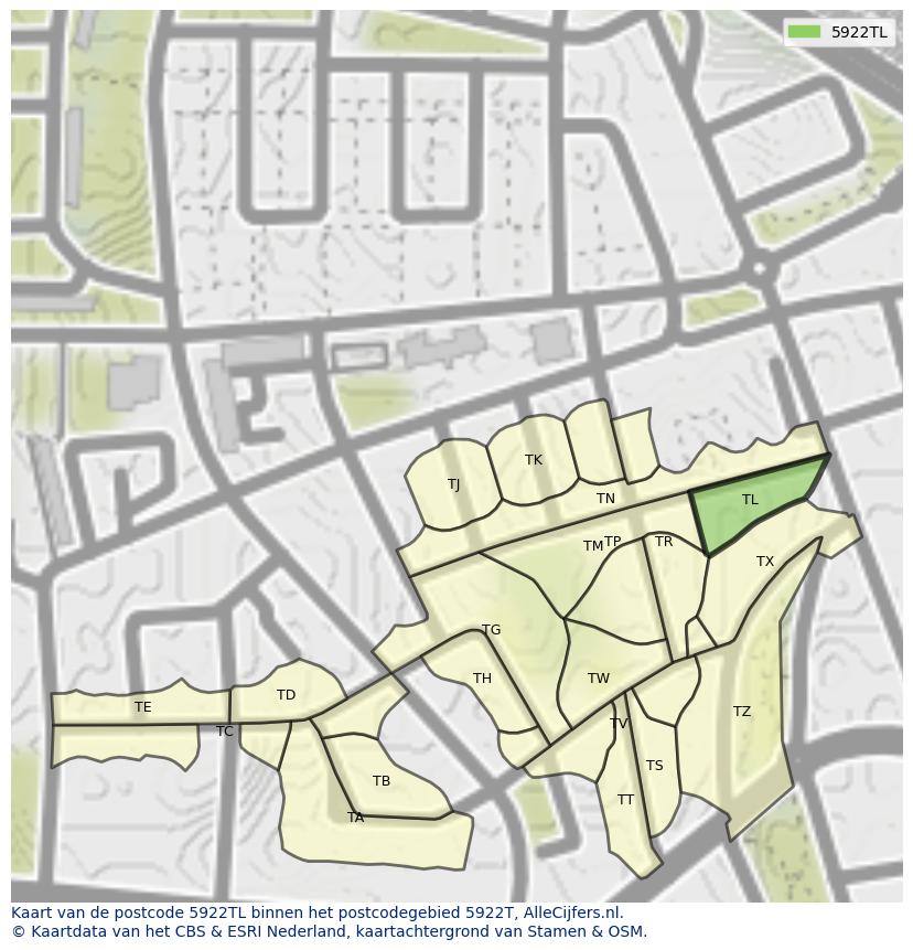 Afbeelding van het postcodegebied 5922 TL op de kaart.