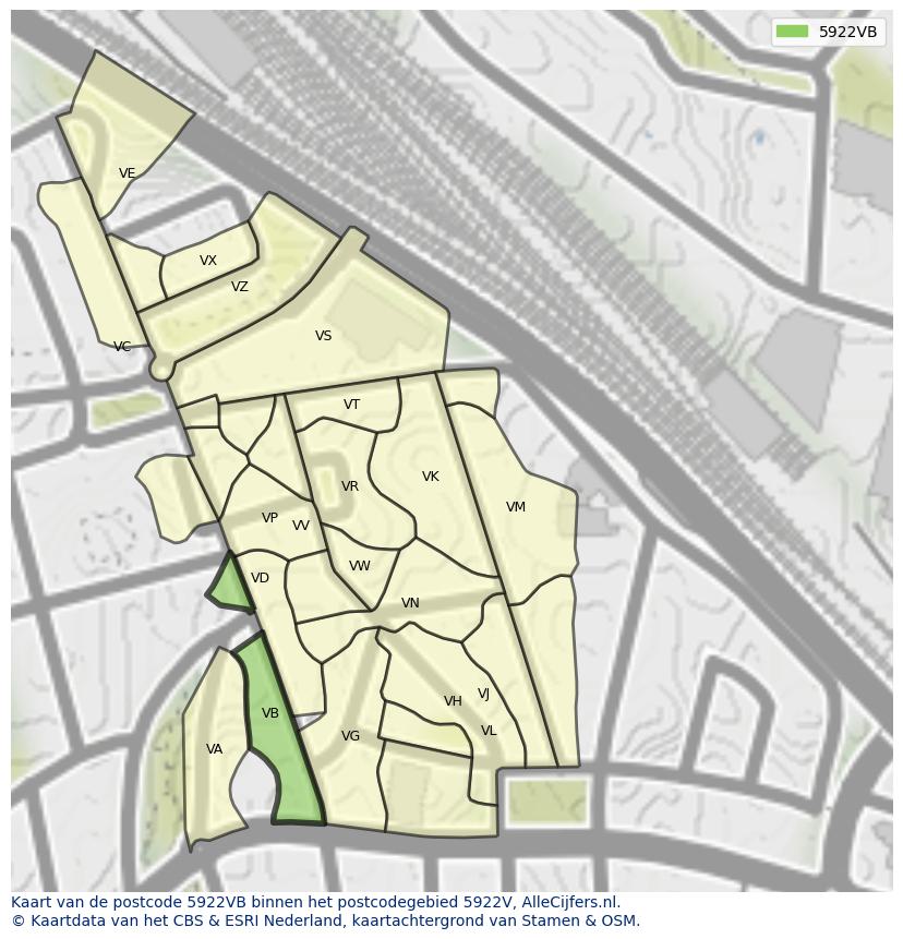 Afbeelding van het postcodegebied 5922 VB op de kaart.