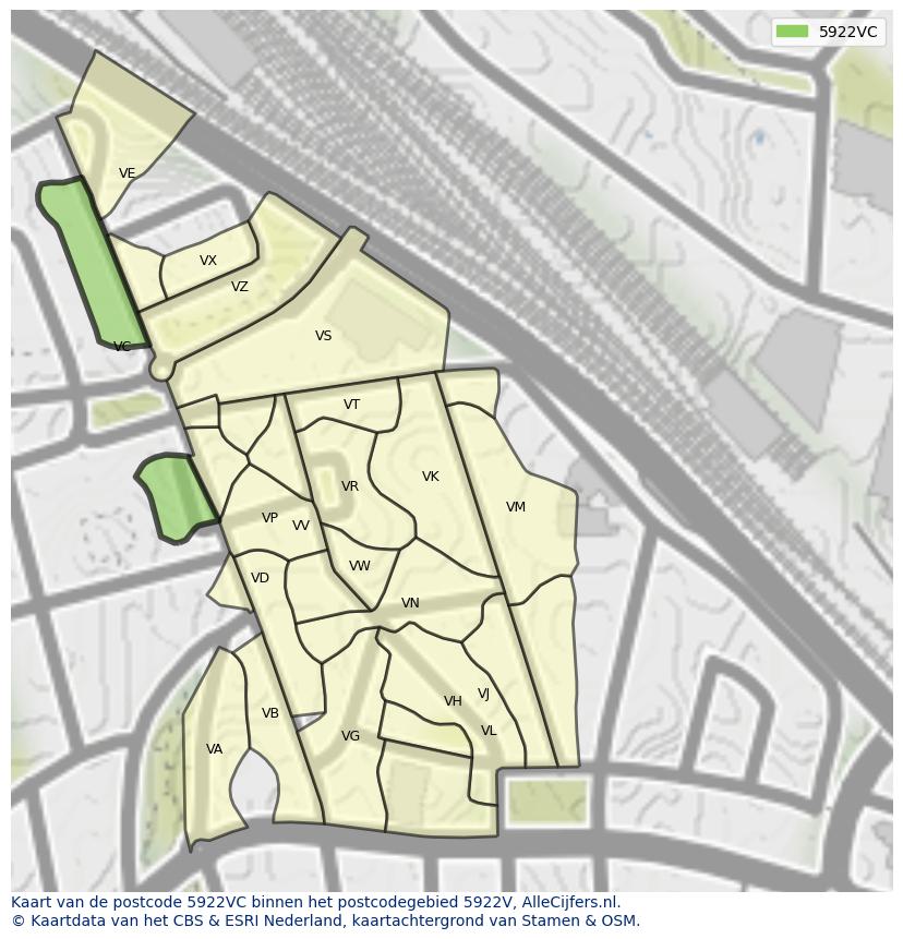Afbeelding van het postcodegebied 5922 VC op de kaart.