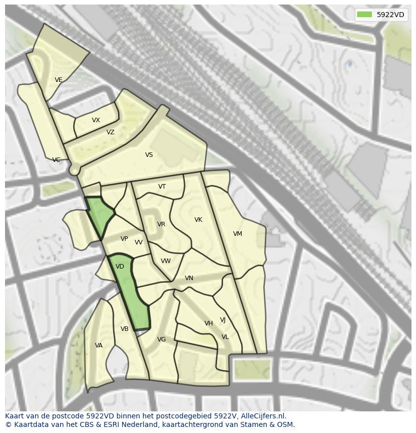 Afbeelding van het postcodegebied 5922 VD op de kaart.