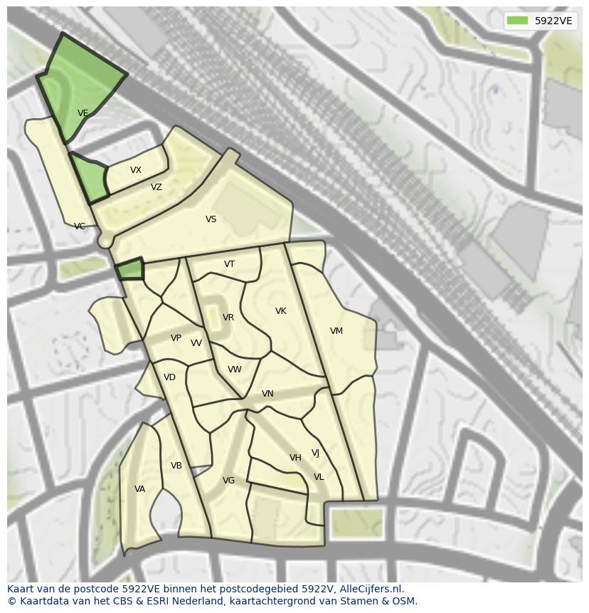 Afbeelding van het postcodegebied 5922 VE op de kaart.