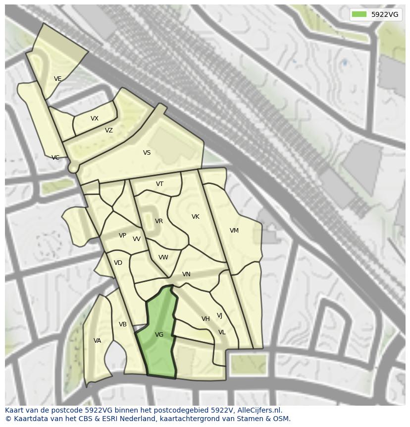Afbeelding van het postcodegebied 5922 VG op de kaart.