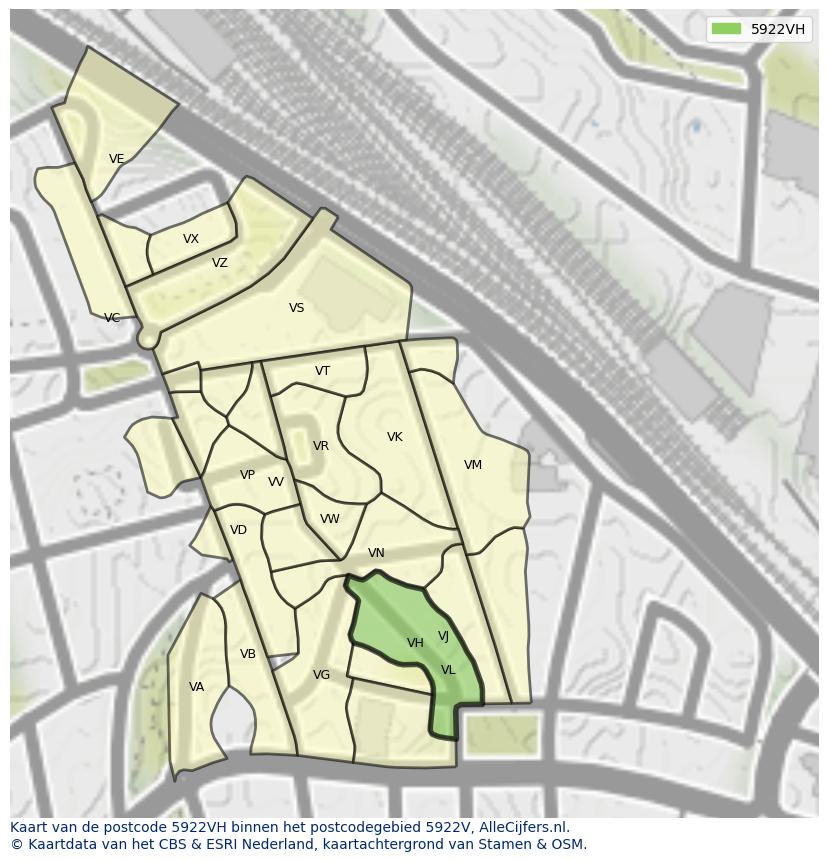 Afbeelding van het postcodegebied 5922 VH op de kaart.