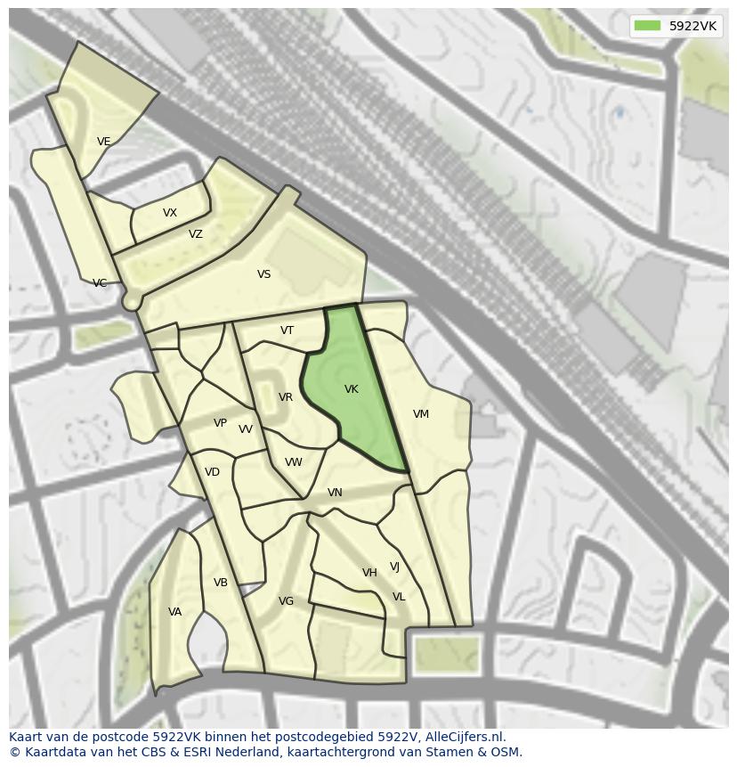 Afbeelding van het postcodegebied 5922 VK op de kaart.