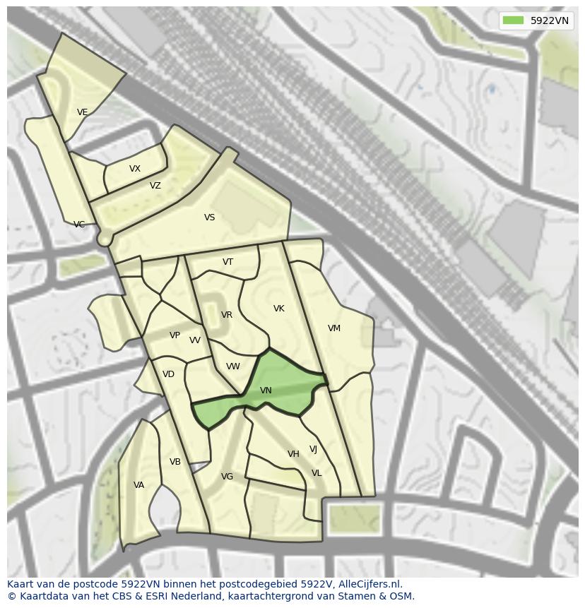 Afbeelding van het postcodegebied 5922 VN op de kaart.