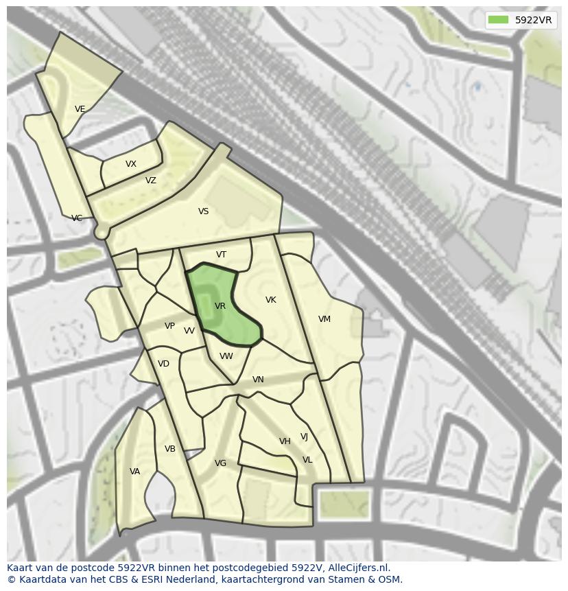 Afbeelding van het postcodegebied 5922 VR op de kaart.