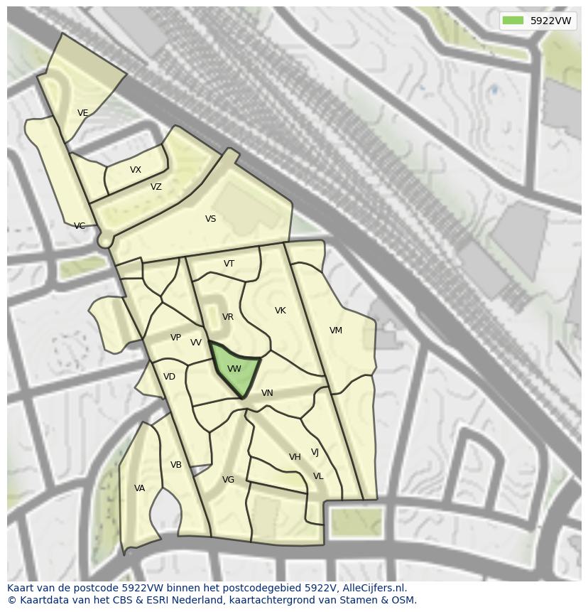 Afbeelding van het postcodegebied 5922 VW op de kaart.