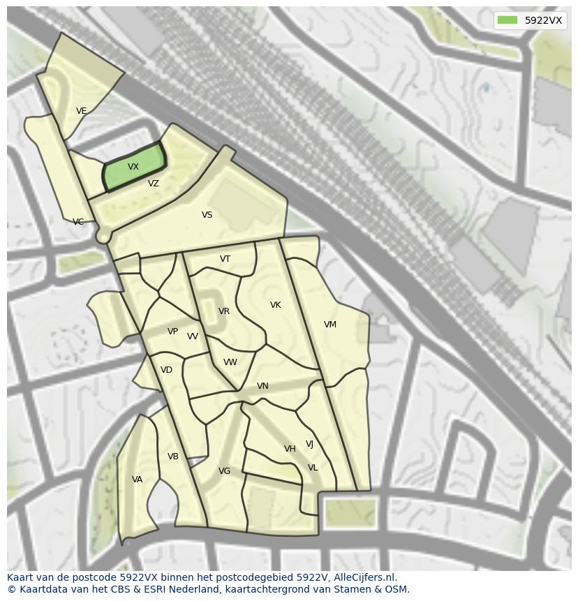 Afbeelding van het postcodegebied 5922 VX op de kaart.