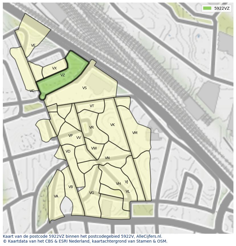 Afbeelding van het postcodegebied 5922 VZ op de kaart.