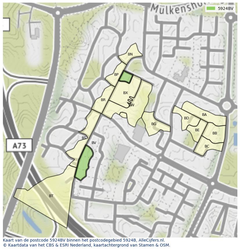 Afbeelding van het postcodegebied 5924 BV op de kaart.