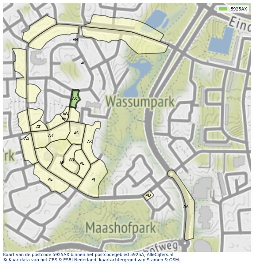 Afbeelding van het postcodegebied 5925 AX op de kaart.