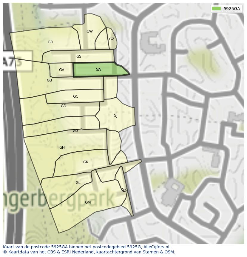 Afbeelding van het postcodegebied 5925 GA op de kaart.