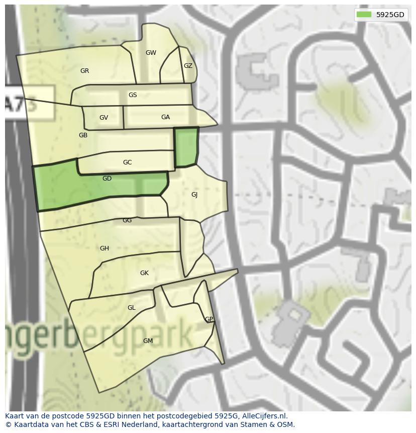 Afbeelding van het postcodegebied 5925 GD op de kaart.