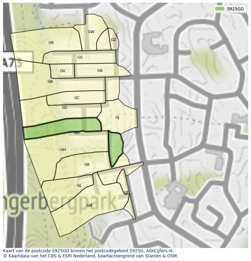 Afbeelding van het postcodegebied 5925 GG op de kaart.