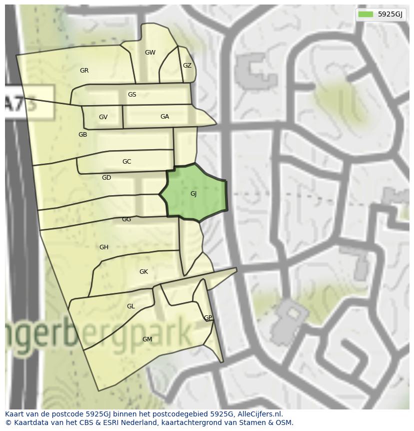 Afbeelding van het postcodegebied 5925 GJ op de kaart.