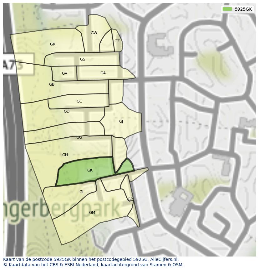 Afbeelding van het postcodegebied 5925 GK op de kaart.